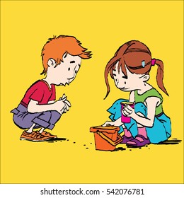 Boy and girl playing in the sandbox, color caricature illustration. Sand and pail