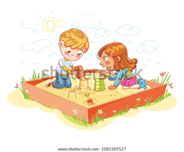 男の子と女の子は レクリエーションパークの砂場で遊んでいる 子供の遊び場 遊園地 おかしな漫画のキャラクター ベクターイラスト 白い背景に分離型 のベクター画像素材 ロイヤリティフリー