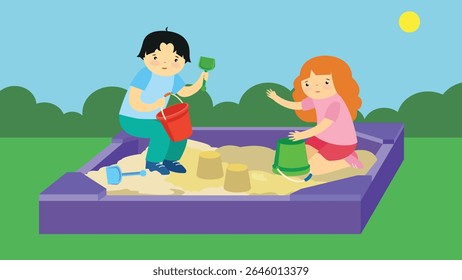 Niño y niña jugando en el sandbox. Ilustración vectorial en estilo plano