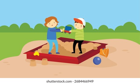 Junge und Mädchen spielen im Sandkasten. Vektorgrafik im flachen Stil