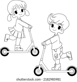 boy and girl playing scooter with fun