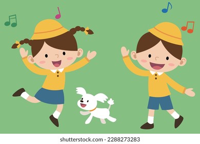 A boy and a girl are playing and singing with their dog