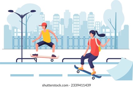 Boy And Girl Playing With Skateboard In A Park Illustration