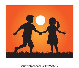 A boy and girl are playing in the sunset vector art illustration