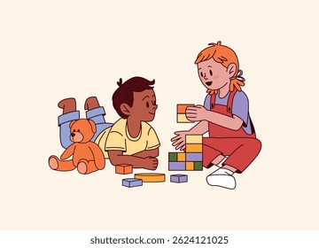 Boy and girl playing together sitting on floor. African American boy holding head on hands. Red-haired girl building cube tower. Teddy bear toy nearby. Colored flat vector illustration.