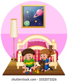 Boy and girl playing toys in bedroom illustration