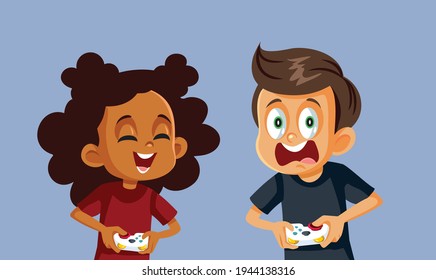 Boy and Girl Playing a Video Game Together. Sad competitive player reacting to losing gaming tournament
