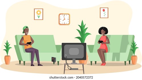 Boy and girl playing video games sitting on couch with gamepad relaxing at home, young people having good time, spending weekend together indoor. Fun leisure time with friends, entertainments