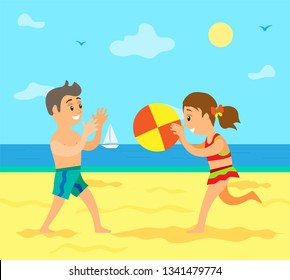 Boy and girl playing volleyball on beach, smiling people on coast throw ball. Sailboat and flying birds, summer activity, teenagers full length view vector