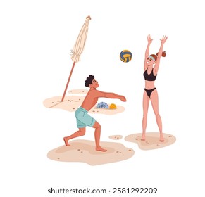 Boy and girl playing volleyball. Young man in shorts and woman in bikini playing volleyball on beach, people having fun on seacoast. Sport games on summer vacation, activities and fitness on leisure