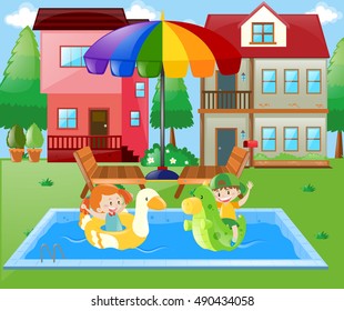 Boy and girl playing in the water at home illustration