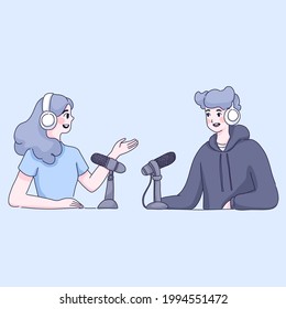 Boy and girl are podcasting character design of vector. Cartoon illustration.
