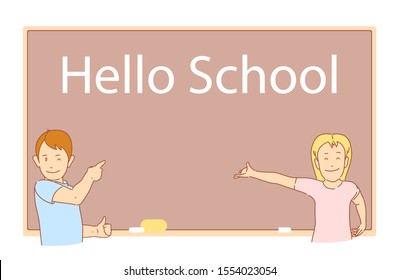 Boy and girl point to a blackboard. Hand gesture. Place for text. Flat linear drawing by hand. Isolated vector.