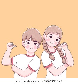 Boy and girl pointing to themselves cartoon character illustration design of vector.