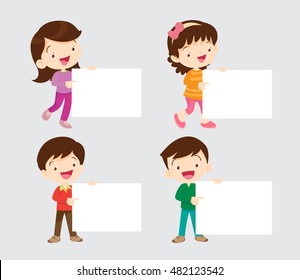 Boy and Girl pointing white board.Children and banner.Ready for your message.Children look up with interest. Kid pointing at a blank template.