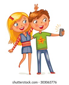 Boy and girl posing together. Friends making selfie.  Funny cartoon character. Vector illustration. Isolated on white background