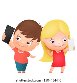 Boy and girl posing together and making selfie. Funny cartoon children character. Vector illustration. Isolated on white background