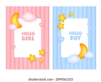 Boy or girl poster. Cartoon 3d gender reveal invitation template. Birthday party.