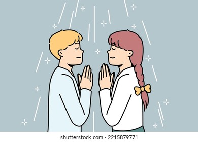 Boy, girl pray facing each other in church or at home. Children talk to God with prayers with palms together. Orthodox, catholic or protestant religion, faith, spirituality. Vector linear concept.