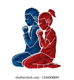 Boy and Girl pray together, Prayer, Christian praying children pray with God cartoon graphic vector