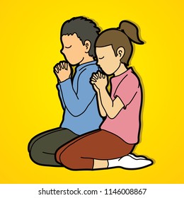 Boy And Girl Pray Together, Prayer, Christian Praying Children Pray With God Cartoon Graphic Vector