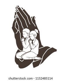 Boy and Girl Prayer, Christian praying ,Praise God, Worship cartoon graphic vector