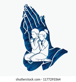 Boy and Girl Prayer, Christian praying ,Praise God, Worship cartoon graphic vector