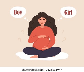 Boy or girl. Pregnant dreaming about of her future baby. Gender of child. Cute woman in lotus position hugs her tummy. Female character expecting for baby. Vector illustration in flat cartoon style.