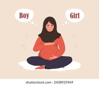 Boy or girl. Pregnant dreaming about of her future baby. Gender of child. Cute arabian woman in lotus position hugs tummy. Female character expecting for baby. Vector illustration in cartoon style.