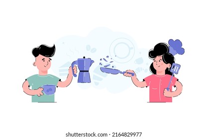A boy and a girl are preparing a meal. In a restaurant or cafe, the notion of service. Websites, apps, and presentations benefit from it.