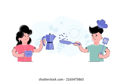 A boy and a girl are preparing a meal. In a restaurant or cafe, the notion of service. Websites, apps, and presentations benefit from it. Illustration of a trend in vector format.