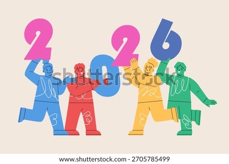 Boy and girl are preparing for the New Year, the inscription New Year 2026. Colorful vector illustration
