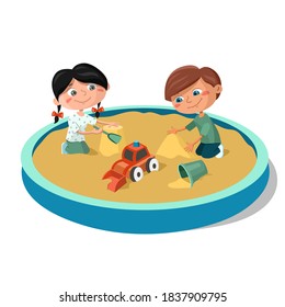 A boy and a girl of preschool age are playing in the sandbox. Vector illustration isolated on white background.