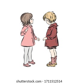 Boy and girl preschool age standing together. Retro clip art. Couple of little people. 
