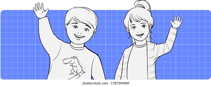 A boy and a girl of primary school age wave and smile happily