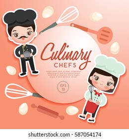 Boy and girl in professional clothing : Culinary Chefs : Vector Illustration