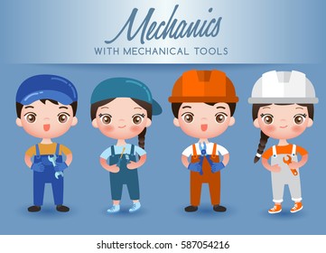 Boy and girl in professional clothing : Mechanics : Vector Illustration