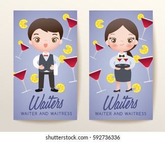 Boy and girl in professional clothing : Waiter and Waitress : Vector Illustration