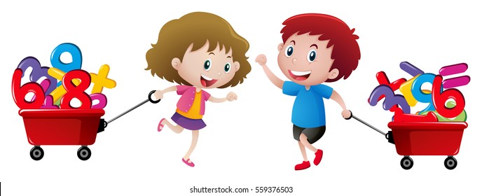 Boy and girl pulling wagon of numbers illustration