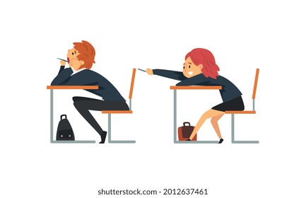 Boy and Girl Pupil or Student Sitting at Desk Having School Lesson Side View Vector Set