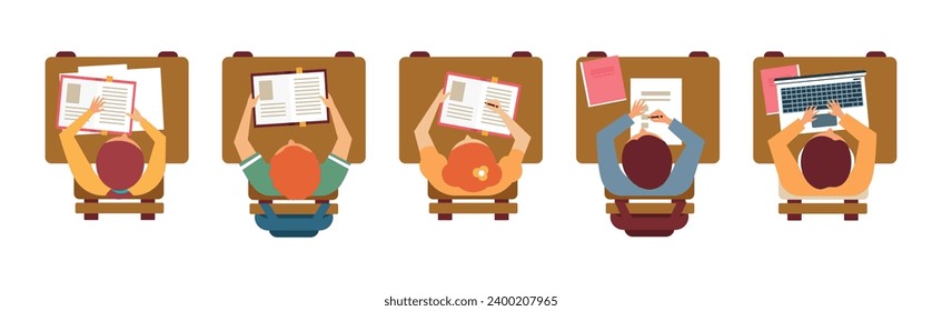 Boy and Girl Pupil or Students Sitting at Desk Top View Vector Set