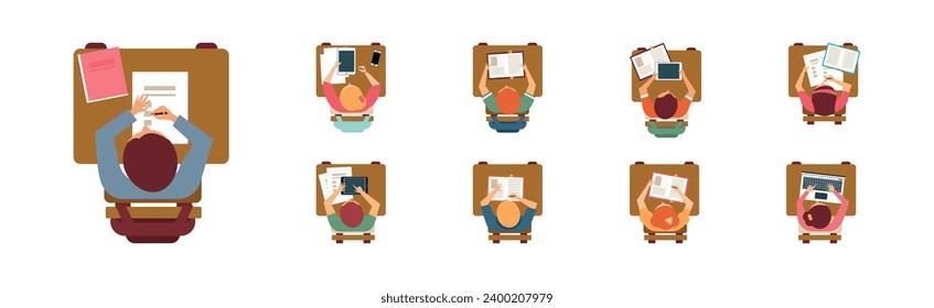 Boy and Girl Pupil or Students Sitting at Desk Top View Vector Set