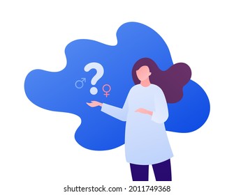 Boy or girl question concept. Vector flat character illustration. Female mother with belly hold gender symbol on blue frame background isolated on white. Design for family planning.