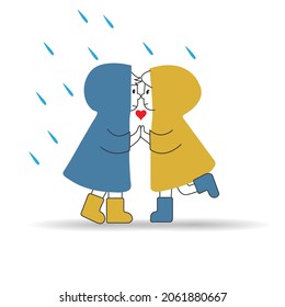 boy and a girl in raincoats are kissing in the rain. Flat style