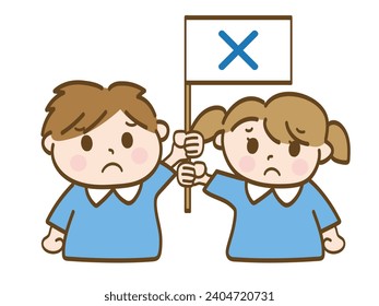 A boy and a girl raising flags of incorrect answers_Siblings of nursery school children