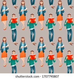 Boy and girl read books. Seamless background pattern. Vector illustration