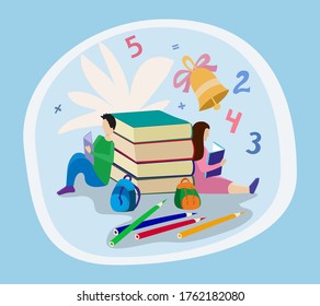 
Boy and girl read books, study. get an education. a stack of books and a textbook. back to school. Vector illustration flat design
