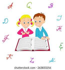 boy and girl read with interest the book, illustration, vector