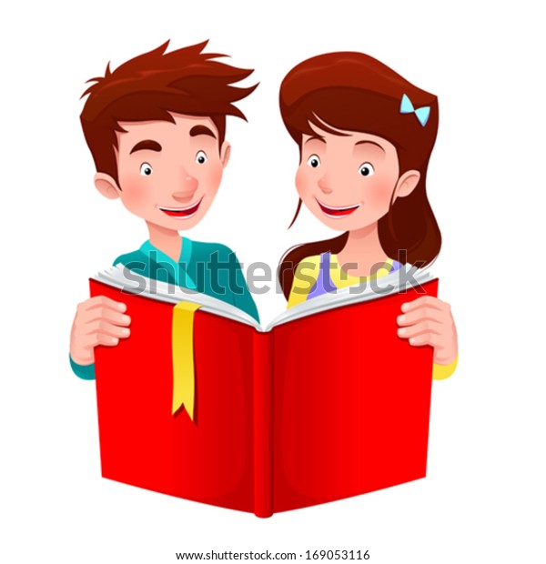 Boy Girl Reading Book Cartoon Vector Stock Vector Royalty Free