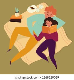 Boy and girl reading book on blanket. Home picnic. Boyfriend and girlfriend, young couple have a date. Cactus, croissant and cofee on bacground. Leisure, vacation concept. Vector flat illustration